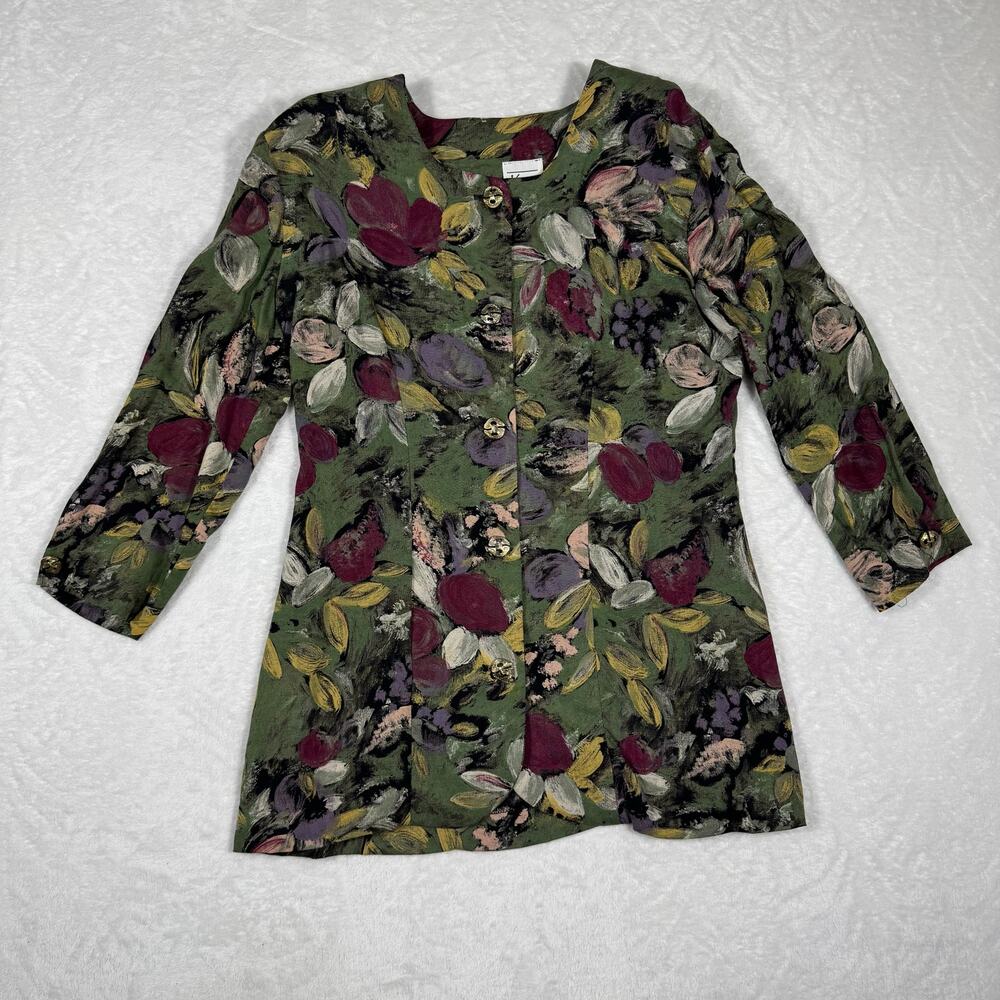 Vintage‎ Kwai Floral Print Button Front Top Women's 10 Rayon Green 80's 90's